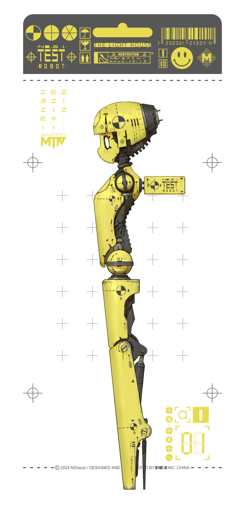 0_0 1girl absurdres android armless_amputee artist_name blonde_hair blunt_bangs colored_skin dated from_side full_body high_heels highres joints mechanical_hair ne_baozi no_mouth original profile simple_background smiley_face solo standing white_background yellow_skin