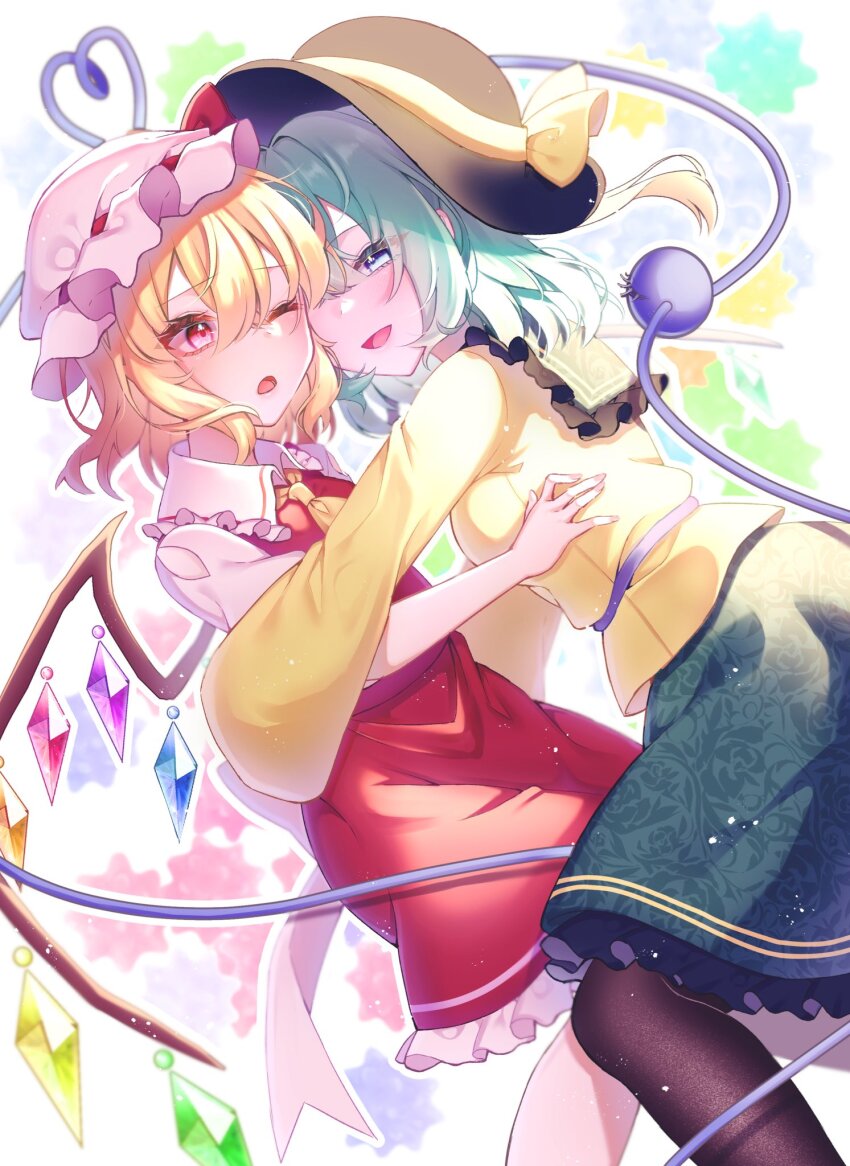 2girls black_pantyhose blonde_hair flandre_scarlet floral_print green_eyes green_hair green_skirt hat highres hug jacket komeiji_koishi mob_cap multiple_girls pantyhose rainbow_wings red_eyes red_jacket red_skirt rukuthii45 skirt touhou white_background yellow_jacket