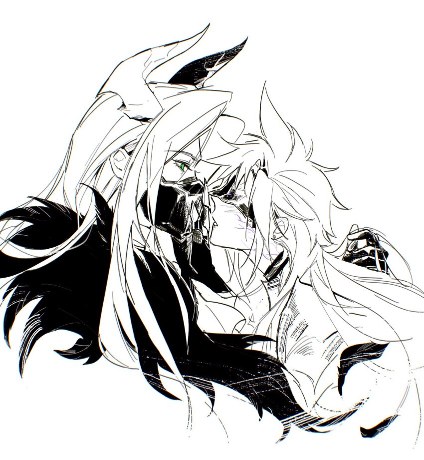 2girls black_feathers blindfold cloud_strife cloud_strife_(bahamut_garb) demon_horns facial_mark feathers final_fantasy final_fantasy_vii final_fantasy_vii_ever_crisis genderswap genderswap_(mtf) green_eyes greyscale hand_in_another&#039;s_hair highres horns imminent_kiss long_hair monochrome multiple_girls muzzle_(mask) parted_lips raven9_k sephiroth sephiroth_(dark_harbinger) sketch spiked_hair yuri