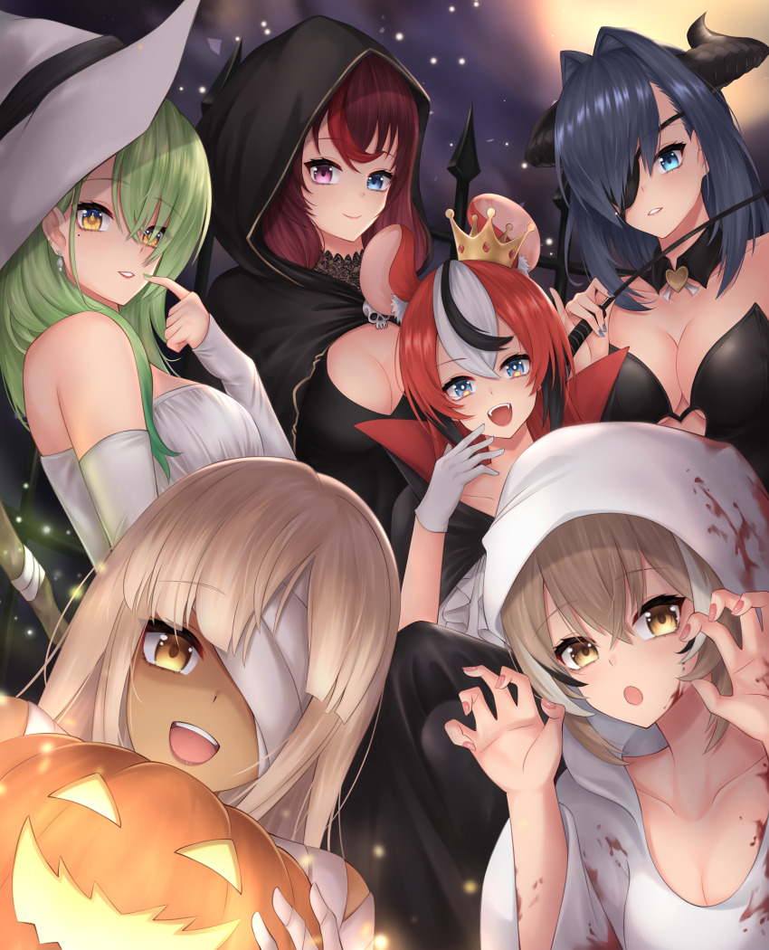 6+girls absurdres bandages black_hair blue_eyes blue_hair blush breasts brown_eyes ceres_fauna cleavage closed_mouth costume crown eyepatch fangs green_hair grey_hair hakos_baelz halloween halloween_costume hat heterochromia highres holocouncil hololive hololive_english horns irys_(hololive) large_breasts long_hair looking_at_viewer medium_breasts mole mole_under_eye multicolored_hair multiple_girls nanashi_mumei open_mouth ouro_kronii parted_lips pink_eyes popcornflakes mouse_girl red_hair short_hair smile tsukumo_sana virtual_youtuber white_hair