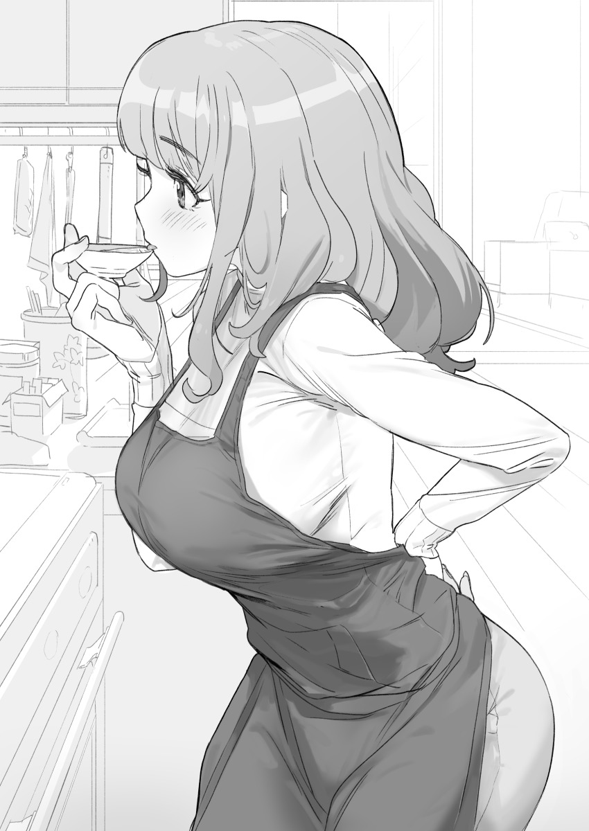 1girl absurdres apron bad_id bad_twitter_id blush breasts couch cowboy_shot curvy dorontabi eyebrows eyelashes from_side girls_und_panzer greyscale highres kitchen large_breasts leaning_forward long_hair long_sleeves monochrome pants plate profile shirt solo stove takebe_saori tasting tasting_plate