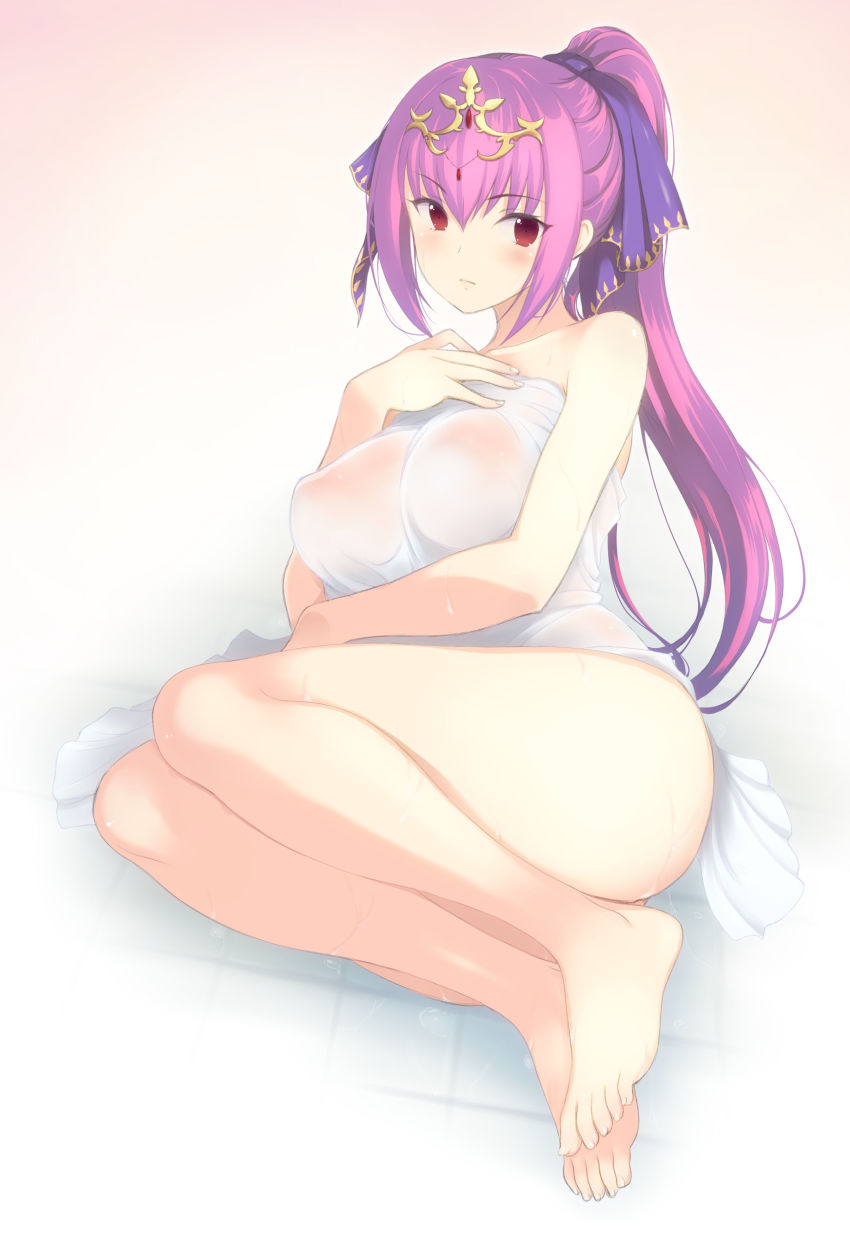 1girl 3yuki absurdres bare_shoulders barefoot blush breasts commentary_request covered_erect_nipples fate/grand_order fate_(series) feet hair_between_eyes highres large_breasts long_hair looking_at_viewer lying naked_towel on_side purple_hair red_eyes scathach_(fate) scathach_skadi_(fate) scathach_skadi_(third_ascension)_(fate) simple_background solo tiara tile_floor tiles towel translucent wet