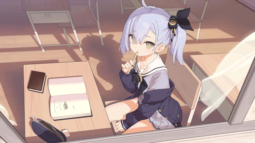 1girl ahoge artist_request asymmetrical_bangs azur_lane between_legs black_bow black_bowtie black_ribbon blue_hair blush book bow bowtie cardigan cardigan_partially_removed chair classroom collarbone curtains day desk eraser from_above from_outside grey_eyes grey_hair grey_shirt grey_skirt hair_between_eyes hair_bow hair_ornament hair_ribbon hand_between_legs highres holding holding_pen holding_pencil indoors long_sleeves looking_at_viewer looking_outside looking_up medium_hair miniskirt non-web_source notebook oceana_(azur_lane) off_shoulder official_art on_chair on_desk open_book open_clothes open_window pen pen_in_mouth pencil pencil_case pleated_skirt purple_shirt ribbon sailor_collar school school_chair school_desk school_uniform serafuku shadow shirt side_ponytail siren_(azur_lane) sitting skirt sleeves_past_wrists solo sunlight table white_sailor_collar window yellow_eyes