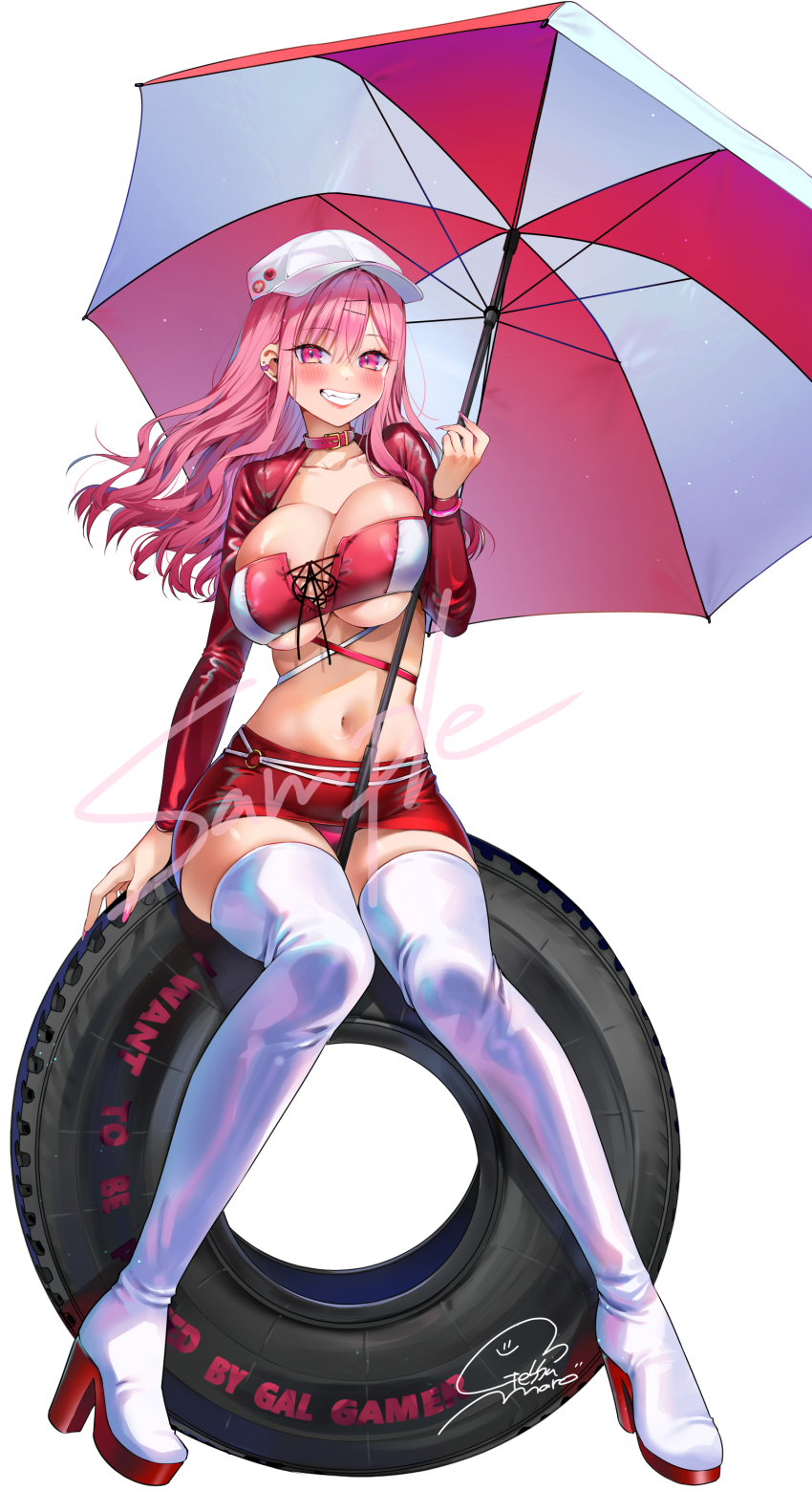 1girl absurdres arm_support baseball_cap blush boots breasts cleavage collarbone commentary_request copyright_name full_body gal_gamer_ni_homeraretai geshumaro grin hat high_heel_boots high_heels highres holding holding_umbrella large_breasts long_hair long_sleeves looking_at_viewer midriff miniskirt navel panties pantyshot pink_eyes pink_hair race_queen red_panties red_skirt red_tube_top red_umbrella sample_watermark shrug_(clothing) signature simple_background sitting skirt smile solo strapless suzuki_rion thigh_boots tire tube_top two-tone_umbrella umbrella underboob underwear watermark white_background white_footwear white_hat white_umbrella