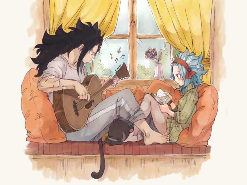 1boy 1girl couple fairy_tail gajeel_redfox levy_mcgarden pantherlily rusky