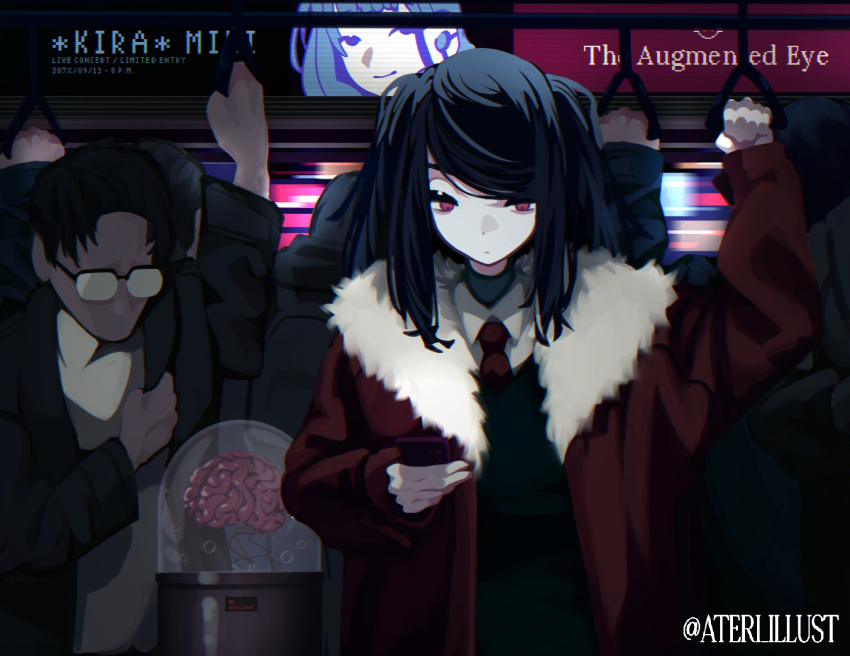 1girl 2boys 4others ateri_illust black_hair black_jacket brain cellphone collared_shirt fur-trimmed_jacket fur_trim glasses hand_grip highres holding holding_hand_grip holding_phone hood hood_up jacket jill_stingray looking_at_phone multiple_boys multiple_others necktie opaque_glasses phone purple_eyes red_necktie shirt smartphone train_interior twintails twitter_username va-11_hall-a