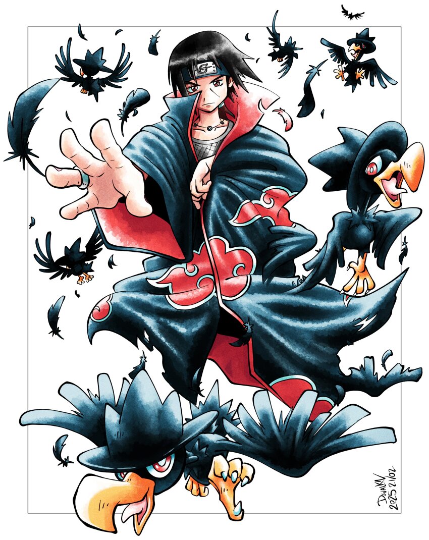 absurdres akatsuki_uniform beak bird black_coat black_feathers black_hair coat creatures_(company) crossover crow dwalkn feathers forehead_protector game_freak gen_2_pokemon highres murkrow naruto naruto_(series) nintendo pokemon pokemon_(creature) red_eyes sharingan simple_background talons uchiha_itachi white_background