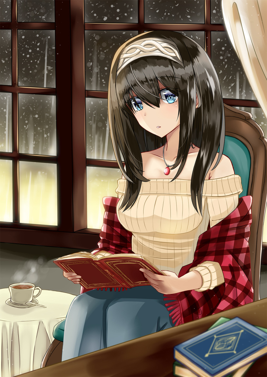 1girl bad_id bad_pixiv_id black_hair blue_eyes book bookshelf edelweiss_(wsparkz) hair_between_eyes hair_ornament headband highres idolmaster idolmaster_cinderella_girls idolmaster_cinderella_girls_starlight_stage jewelry long_hair long_sleeves looking_at_viewer necklace open_mouth sagisawa_fumika sitting solo upper_body