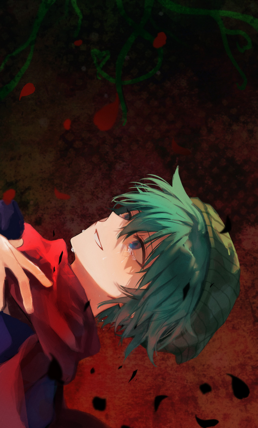 1boy absurdres beanie blue_eyes chouxdb crying crying_with_eyes_open green_hair grin hand_on_own_chest hat highres hiyori_sou kimi_ga_shine looking_ahead male_focus portrait red_background scarf short_hair sideways smile solo tears upper_body