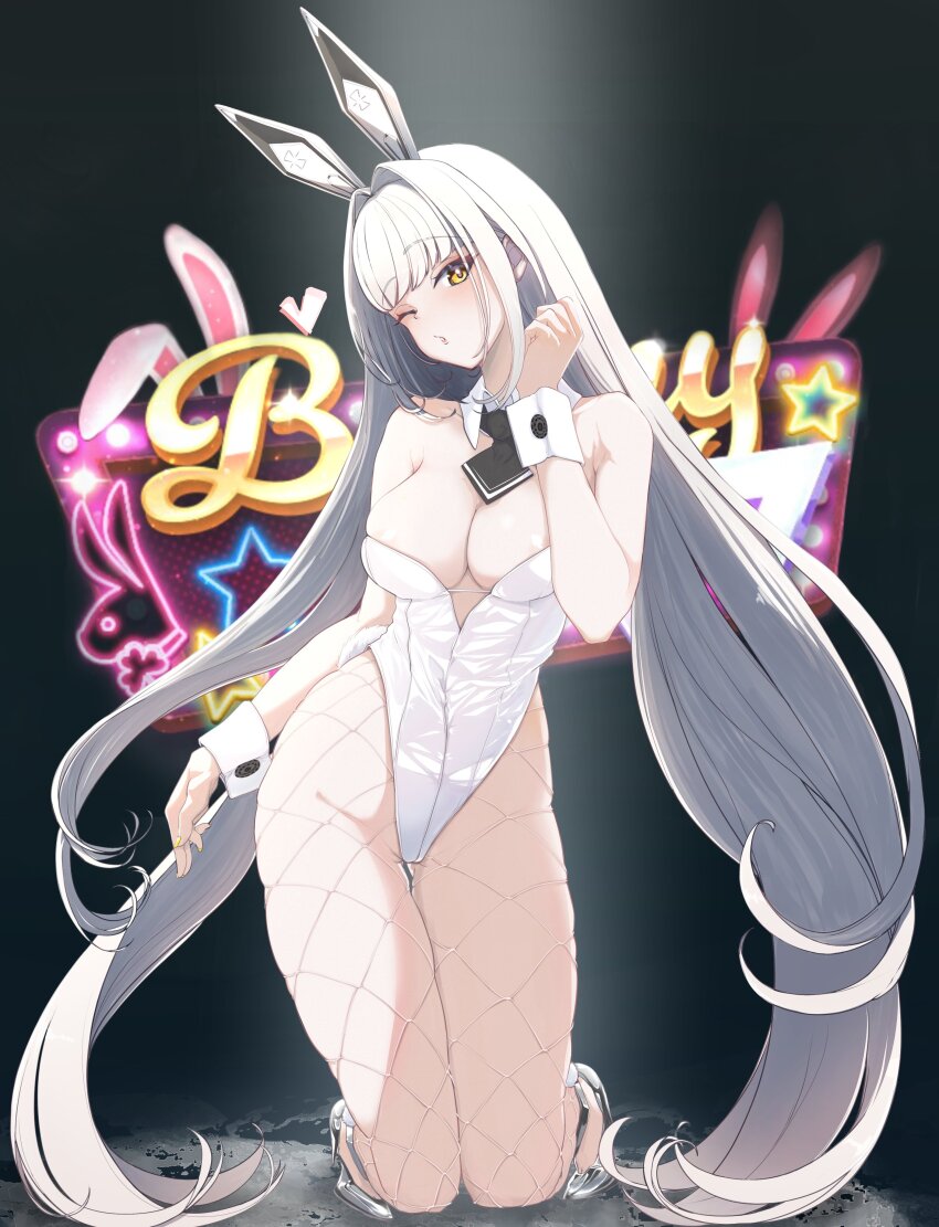 1girl absurdres animal_ears bare_shoulders black_background black_necktie blanc_(nikke) breasts cleavage fishnet_pantyhose fishnets goddess_of_victory:_nikke grey_footwear high_heels highleg highleg_leotard highres hyotenka_ichido large_breasts leotard long_hair looking_at_viewer necktie one_eye_closed pantyhose playboy_bunny rabbit_ears seiza sitting skindentation solo very_long_hair white_hair white_leotard wrist_cuffs yellow_eyes