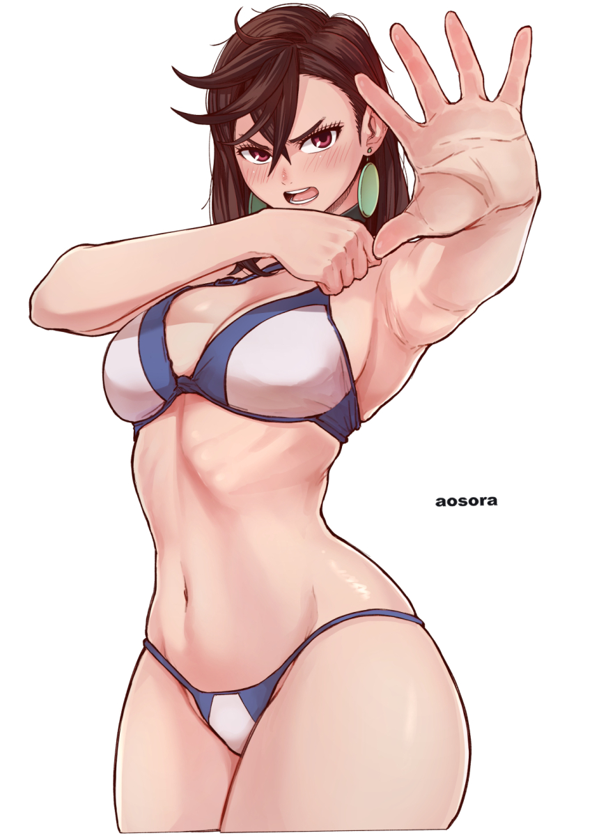 1girl aosora2823 armpits artist_name ayase_momo blue_bra blue_panties bra breasts brown_eyes brown_hair dandadan earrings highres jewelry large_breasts looking_at_viewer multicolored_bra multicolored_clothes multicolored_panties navel outstretched_arm panties short_hair simple_background underwear white_background white_bra white_panties