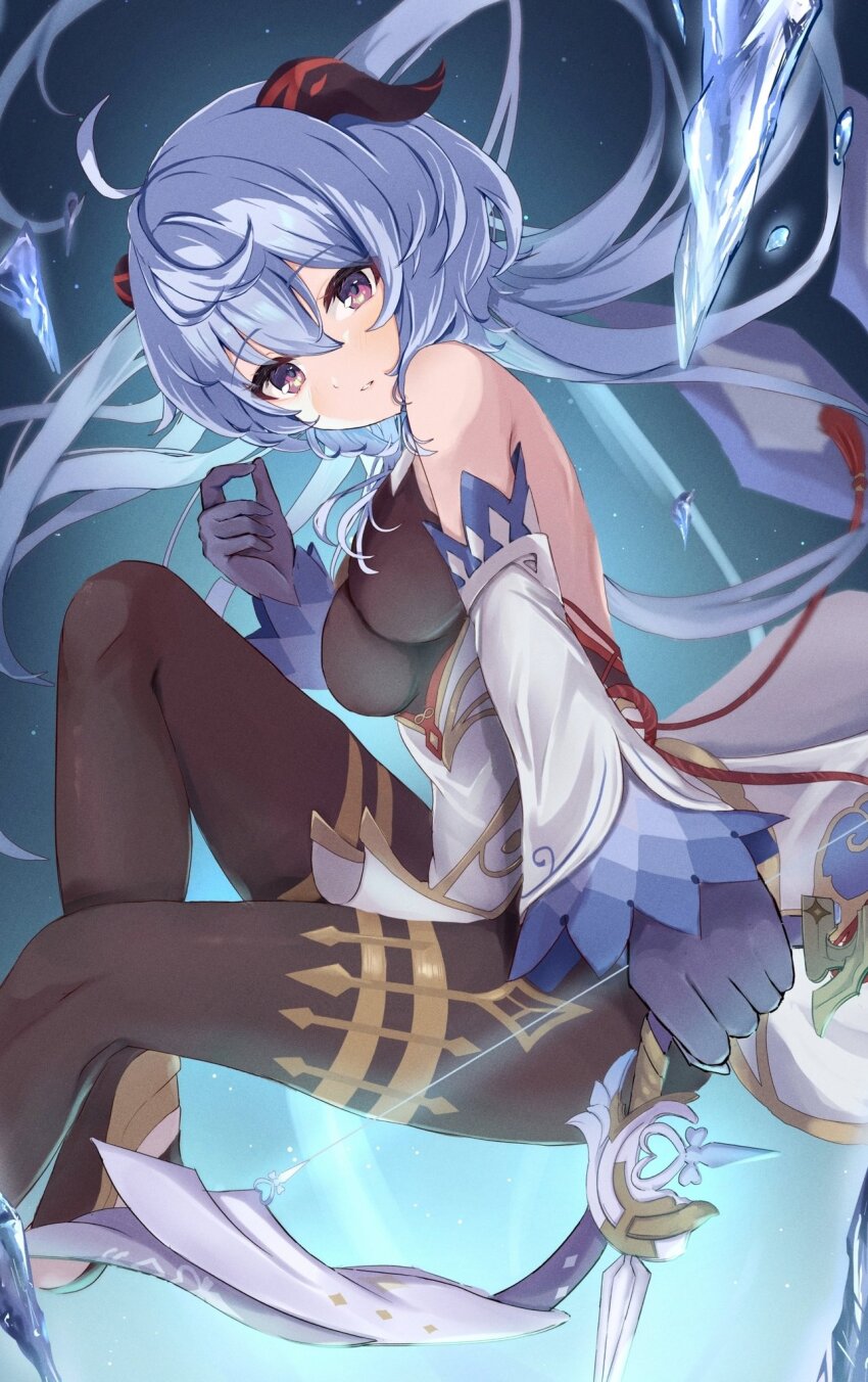 1girl ahoge amos&#039;_bow_(genshin_impact) bare_shoulders black_pantyhose blue_gloves blue_hair bow_(weapon) breasts detached_sleeves floating from_side ganyu_(genshin_impact) genshin_impact gloves gold_trim high_heels highres holding holding_bow_(weapon) holding_weapon horns ice_shard jewelry long_hair looking_at_viewer low_ponytail medium_breasts pantyhose parted_lips pokeeeo_o purple_eyes red_rope rope sidelocks solo thighlet weapon white_sleeves