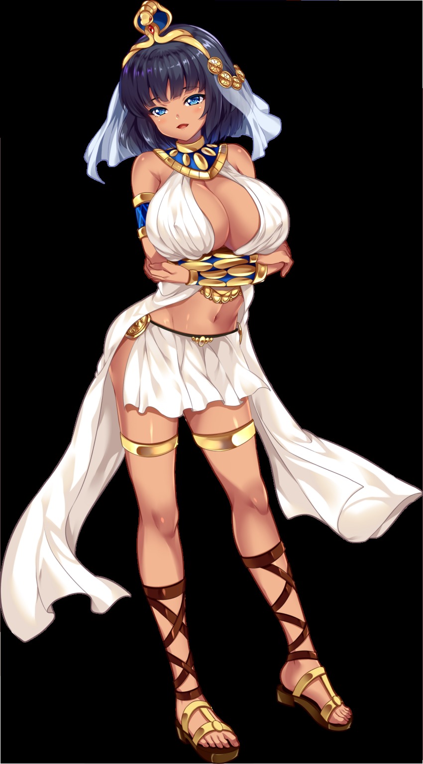 1girl absurdres ancient_egyptian ancient_egyptian_clothes arm_guards armlet bare_shoulders blue_eyes breasts center_opening cleavage cleopatra_(cleopatra_ga_yattekita!?) cleopatra_ga_yattekita!? crossed_arms dark-skinned_female dark_skin feet female_focus full_body hair_ornament highres hinata_sora jewelry large_breasts midriff navel non-web_source open_mouth pelvic_curtain sandals short_hair smile solo standing toes transparent_background veil