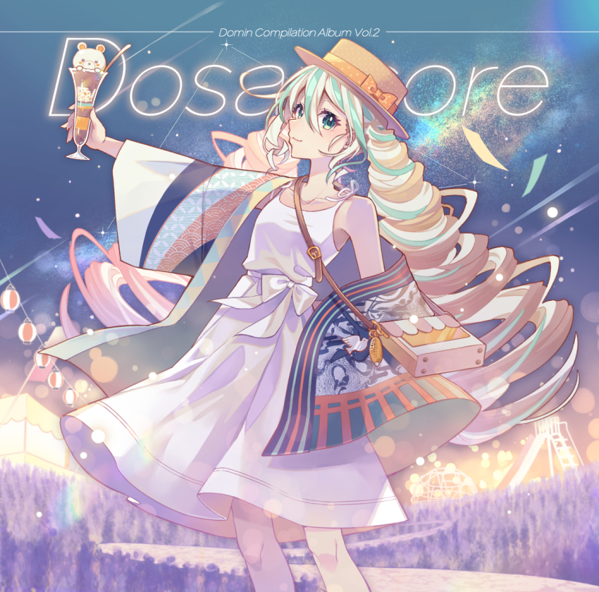 1girl bag bare_shoulders blonde_hair blue_hair bow brown_hat closed_mouth collarbone commentary_request cup dress drill_hair food green_eyes handbag hat hat_bow hatsune_miku holding holding_cup jungle_gym multicolored_hair night night_sky nou_(nounknown) open_clothes orange_bow outdoors outstretched_arm parfait shoulder_bag sky sleeveless sleeveless_dress slide smile solo star_(sky) starry_sky streaked_hair tree twin_drills twintails vocaloid white_dress