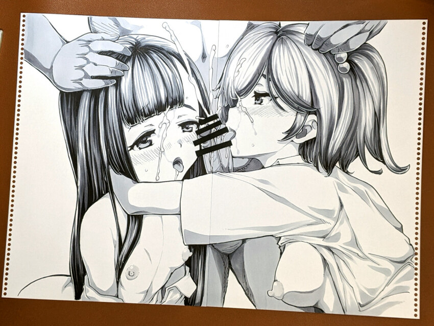 1boy 2girls bar_censor blush breasts censored clothed_female_nude_male cum cum_on_body facial fellatio ffm_threesome from_side full-face_blush greyscale group_sex hair_bobbles hair_ornament headpat hug komari_chika licking licking_penis long_hair make_heroine_ga_oo_sugiru! medium_breasts monochrome multiple_girls nipples nude nukumizu_kaju oral penis photo_(medium) shadow shirt short_hair small_breasts threesome tongue tongue_out topless traditional_media tsujizen upper_body