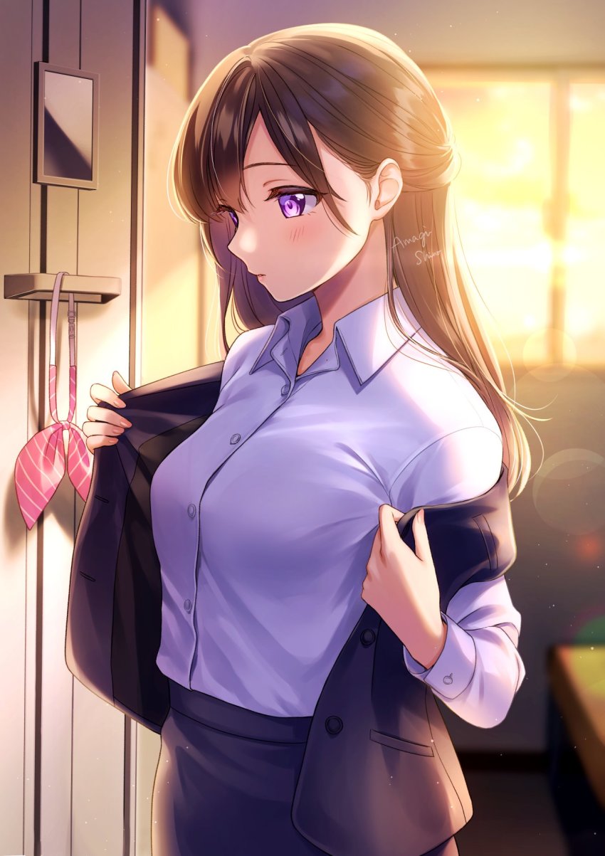 1girl amagi_shino backlighting blouse blue_shirt blush bow bowtie breasts brown_hair collared_shirt dress_shirt hair_behind_ear half_updo highres indoors locker locker_room medium_breasts mirror original purple_eyes shirt shirt_tucked_in solo striped_bow striped_bowtie striped_clothes takeoff unworn_bowtie white_shirt window