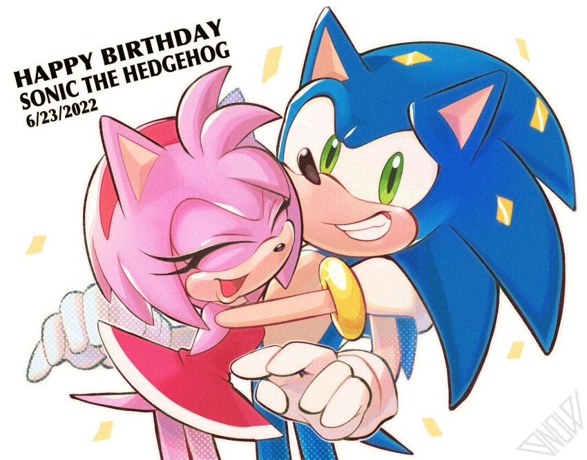 1boy 1girl amy_rose blue_fur bracelet closed_eyes confetti dress english_text furry furry_female furry_male gloves green_eyes grin happy_birthday highres hug jewelry looking_at_viewer m516 nervous_smile pink_fur red_dress sega simple_background smile sonic_(series) sonic_the_hedgehog white_background white_gloves