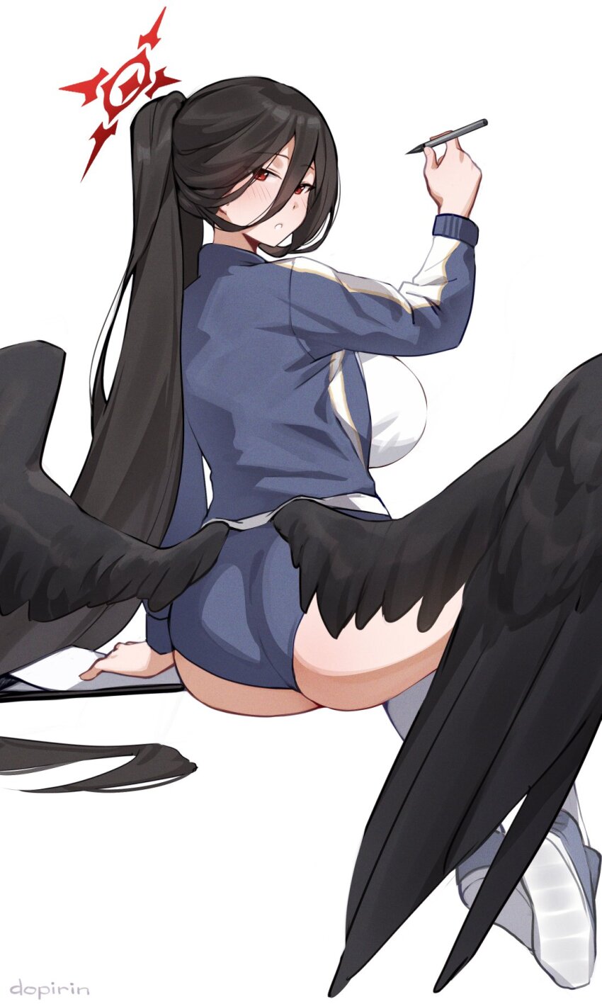 1girl ass black_wings blue_archive blue_jacket dopirin feathered_wings gym_shorts gym_uniform halo hasumi_(blue_archive) hasumi_(track)_(blue_archive) highres jacket large_wings low_wings official_alternate_costume red_halo shorts solo track_jacket white_background wings