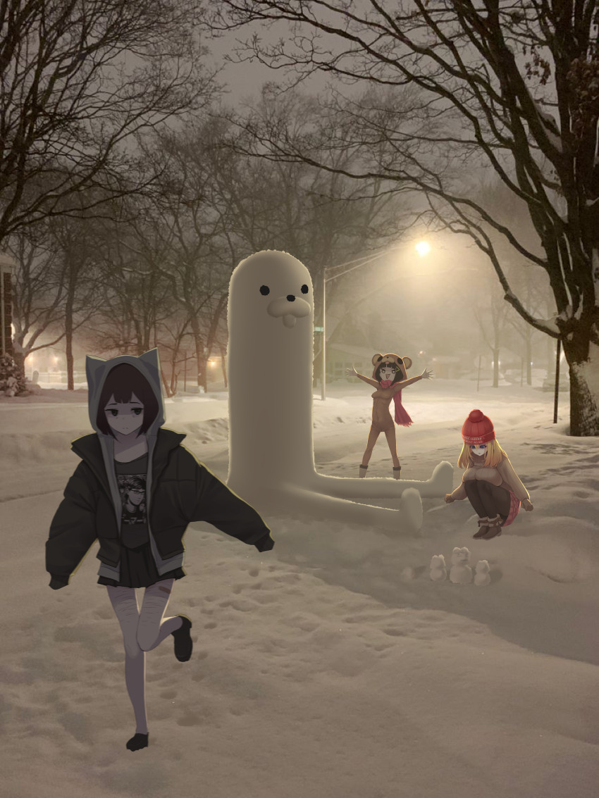 1boy 2girls 4chan absurdres animal_hood bandaid bandaid_on_leg bare_tree beanie bear_hood black_hair black_leggings black_skirt blonde_hair bob_cut breasts cameltoe dark_yaoi gondola_(meme) grey_sweater hair_ornament hairclip hat highres hood hood_up jacket lamppost large_breasts leggings make_america_great_again meme multiple_girls open_clothes open_jacket open_mouth original outdoors outstretched_arms overcast pedobear pepe_the_frog personification photo_background pom_pom_(clothes) pom_pom_beanie print_shirt red_hat scarf scenery self-harm_scar shirt skin_tight skirt sky small_breasts snow snowman spread_arms standing standing_on_one_leg sweater trap tree winter