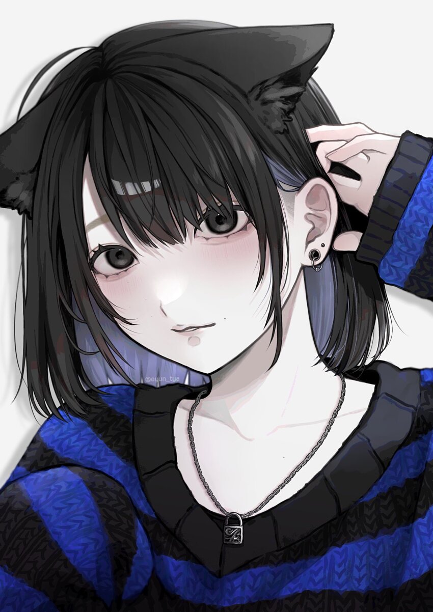 1girl animal_ear_fluff animal_ears black_eyes black_hair black_sweater blue_sweater cat_ears cat_girl closed_mouth collarbone colored_inner_hair earrings hair_behind_ear hand_in_own_hair hand_up highres jewelry knit_sweater lock long_sleeves looking_at_viewer medium_hair multicolored_hair necklace original oyun_tya padlock simple_background solo striped_clothes striped_sweater sweater upper_body