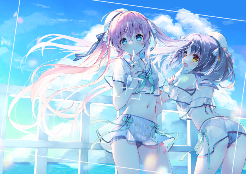 2girls :d ass backlighting bare_shoulders bikini bikini_under_clothes black_hair blue_bikini blue_eyes blue_sky blue_theme bottle breasts clothing_cutout cloud cowboy_shot crop_top crop_top_overhang floating_hair frilled_bikini frills from_behind halterneck highres holding hoshisakura_kirano leaning_forward liver_city long_hair looking_at_viewer midriff miniskirt multiple_girls navel open_mouth orange_eyes pink_hair sailor_collar school_uniform see-through_clothes serafuku short_shorts short_sleeves shorts shorts_under_skirt shoulder_cutout skirt sky small_breasts smile stomach striped_clothes striped_shorts suimya swimsuit twintails very_long_hair viewfinder virtual_youtuber