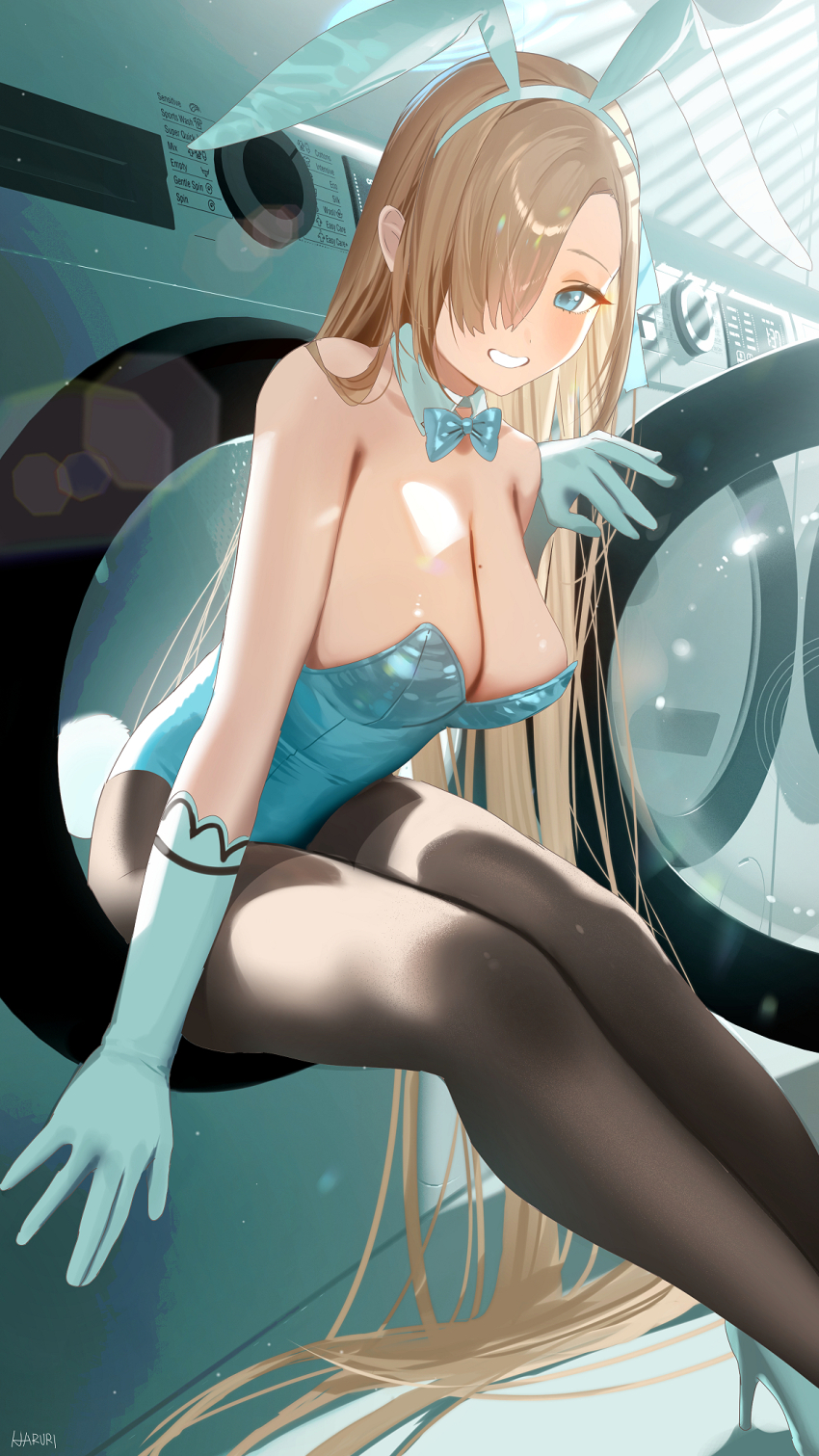 1girl animal_ears asuna_(blue_archive) asuna_(bunny)_(blue_archive) black_pantyhose blue_archive blue_bow blue_bowtie blue_eyes blue_halo blue_leotard blush bow bowtie breasts cleavage commentary detached_collar elbow_gloves gloves hair_over_one_eye halo haruri highres large_breasts leotard light_brown_hair long_hair looking_at_viewer mole mole_on_breast official_alternate_costume pantyhose rabbit_ears smile solo strapless strapless_leotard symbol-only_commentary very_long_hair washing_machine white_gloves