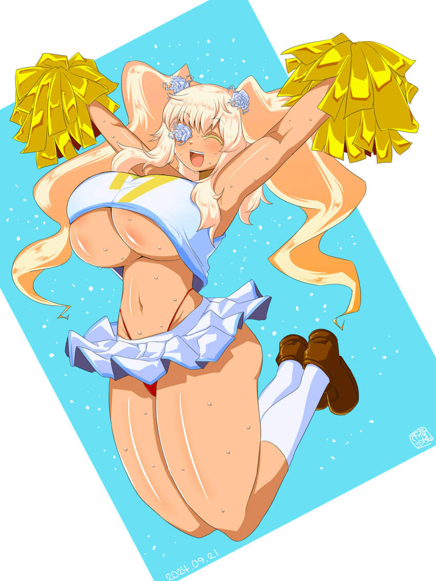 1girl :d alternate_breast_size alternate_costume armpits arms_up blonde_hair blue_background blush breasts brown_footwear cheerleader closed_eyes commentary_request dated flower flower_over_eye full_body hair_flower hair_ornament highleg highleg_panties highres holding holding_pom_poms itini-sanshi kirakishou loafers long_hair miniskirt navel open_mouth panties pleated_skirt pom_pom_(cheerleading) pom_poms red_panties rose rozen_maiden shirt shoes skirt sleeveless sleeveless_shirt smile socks solo sweat teeth twintails underboob underwear upper_teeth_only very_long_hair wavy_hair white_flower white_rose white_shirt white_skirt white_socks