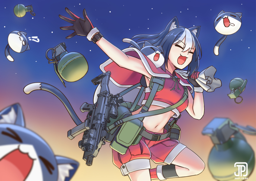 &gt;_&lt; 1girl animal_ears cat_ears cat_tail christmas explosive fragmentation_grenade gloves grenade gun hand_grenade hat jpc m67 midriff original santa_costume santa_hat short_hair shorts sky smile star_(sky) starry_sky tail weapon