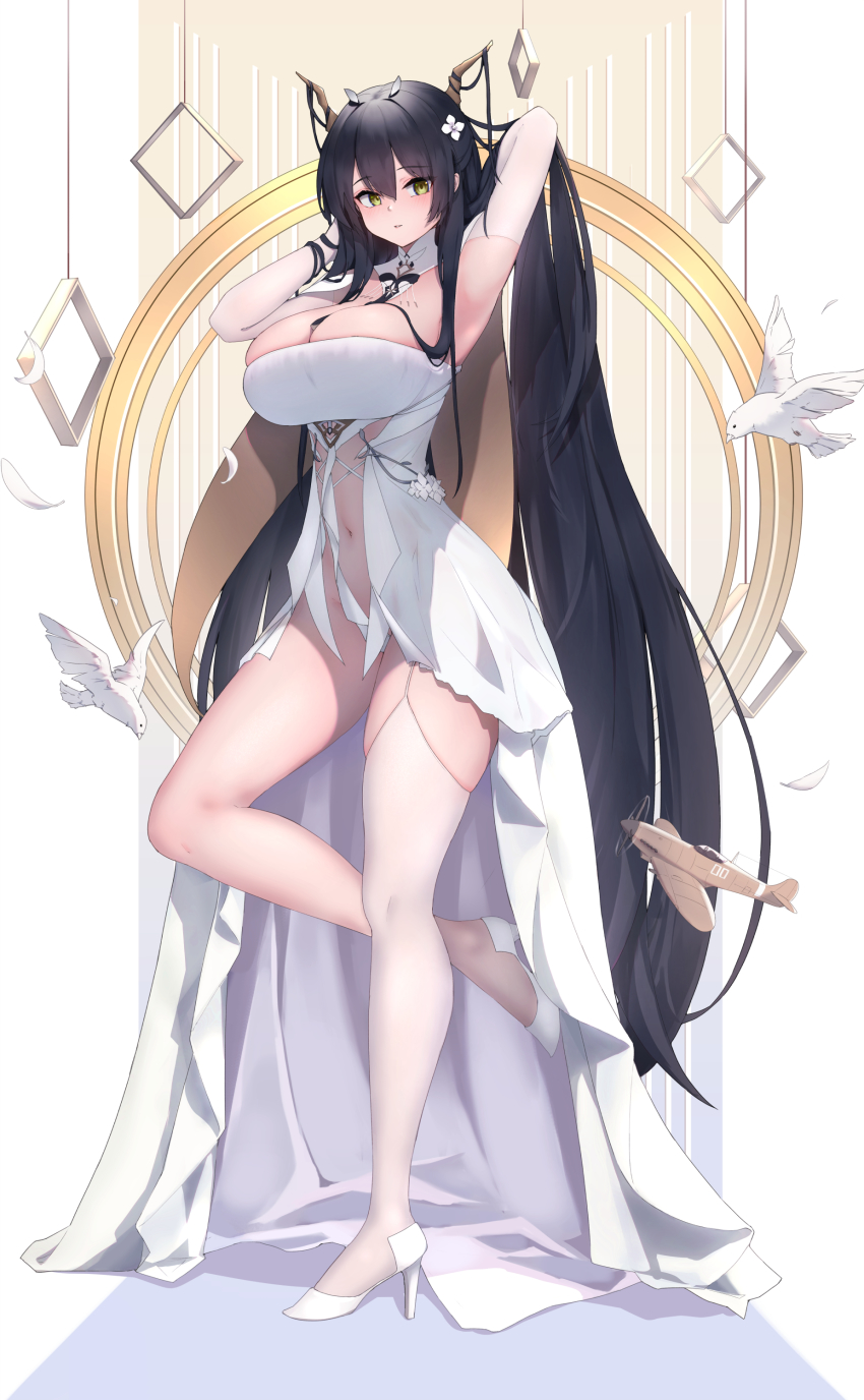 1girl absurdres antlers armpits arms_behind_head azur_lane bird black_hair breasts cleavage commentary dove dress flower garter_straps gloves green_eyes hair_between_eyes hair_flower hair_ornament high_heels highres horns indomitable_(azur_lane) large_breasts long_hair looking_at_viewer navel ru_yan single_thighhigh solo standing standing_on_one_leg supermarine_spitfire thighhighs very_long_hair white_dress white_footwear white_gloves white_heels