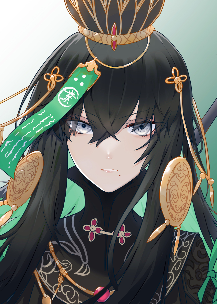 1girl absurdres black_hair china_dress chinese_clothes colored_inner_hair crown dress green_hair grey_eyes hair_between_eyes hair_ornament highres jewelry kongbai_huanxiang long_hair multicolored_hair parted_lips punishing:_gray_raven qu:_pavo_(pgr) qu_(pgr) sidelocks