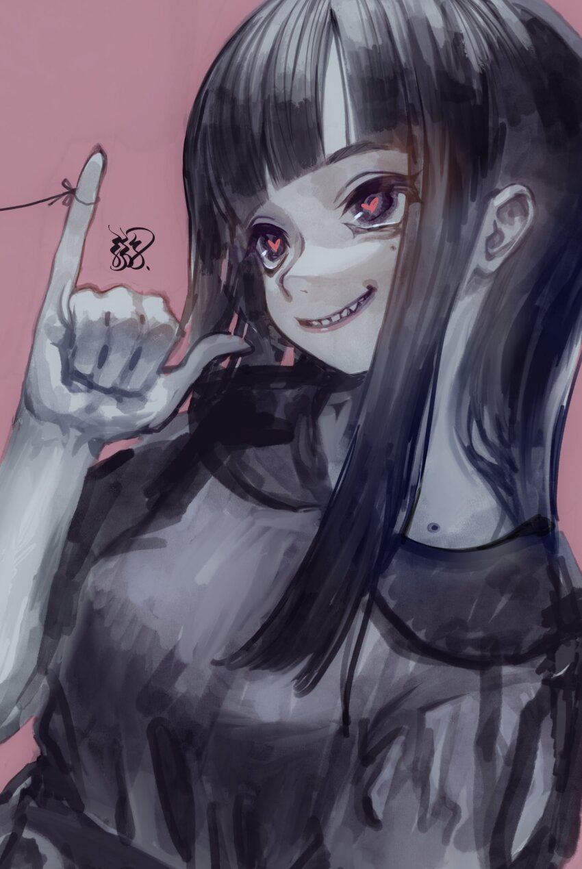 1girl bad_id bad_twitter_id black_eyes black_hair blunt_bangs hand_up heart heart_in_eye highres long_hair mole mole_under_eye original pinky_out sidelocks signature simple_background smile solo string string_of_fate symbol_in_eye teeth upper_body yu_(stdio_nameraka)