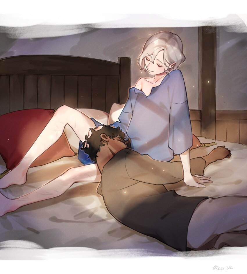 2boys baggy_clothes bags_under_eyes bed_sheet closed_eyes curly_hair dark-skinned_male dark_skin dungeon_meshi elf highres indoors kabru lap_pillow lying male_focus mithrun multiple_boys notched_ear on_bed on_side pillow pointy_ears shirt short_hair sitting smile yaoi zzz_n2