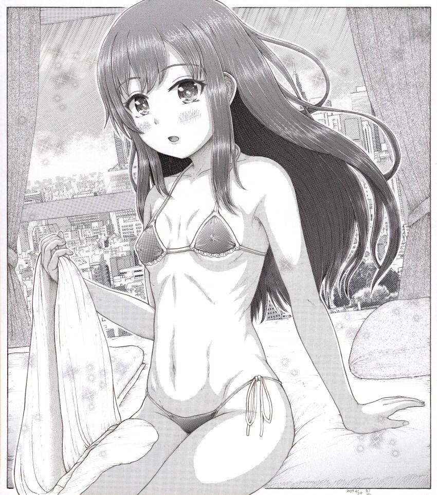 1girl absurdres arm_support asashio_(kancolle) bed_sheet bikini black_hair blush breasts cityscape commentary_request covered_erect_nipples curtains groin h2_(h20000000) halterneck highres holding holding_sheet indoors long_hair looking_at_viewer micro_bikini navel on_bed open_mouth ribs side-tie_bikini_bottom sitting small_breasts solo string_bikini swimsuit window