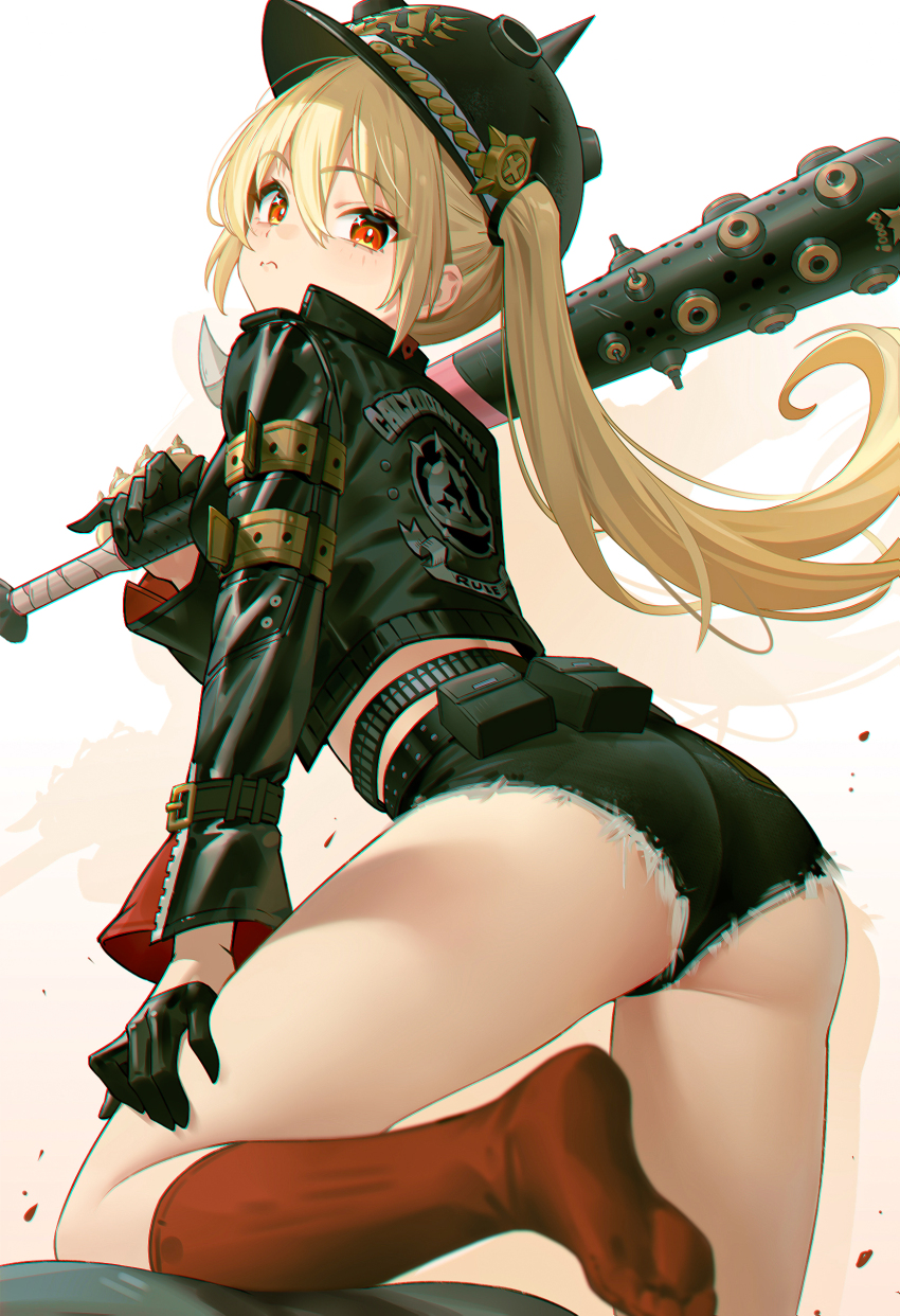 1girl 95_(jiuwujiang) absurdres ass baseball_bat black_gloves black_jacket black_shorts blonde_hair blush closed_mouth combat_helmet from_behind gloves hair_between_eyes hand_on_own_thigh helmet highres holding holding_baseball_bat jacket long_hair long_sleeves looking_at_viewer looking_back luciana_de_montefio metal_baseball_bat micro_shorts over_shoulder pickelhaube red_eyes red_socks short_shorts shorts side_ponytail socks solo thighs weapon weapon_over_shoulder zenless_zone_zero