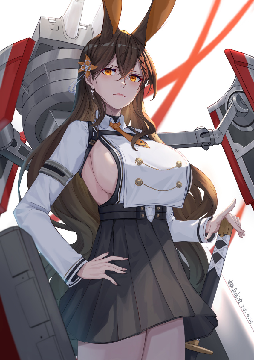 1girl absurdres animal_ears azur_lane black_skirt braid breast_curtain breasts brown_hair chikuma_(azur_lane) cowboy_shot donkey_ears earrings extra_ears flower grayfoxpochi hand_on_hilt hand_on_own_hip high-waist_skirt highres jewelry large_breasts long_hair looking_at_viewer mole mole_under_mouth necktie orange_eyes orange_flower orange_necktie pleated_skirt rigging short_necktie side_braid sideboob simple_background skirt solo very_long_hair white_background