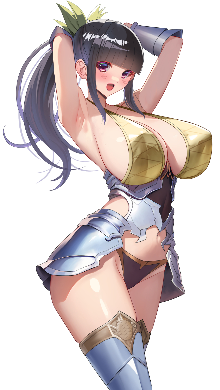 :d aakihiro0920 absurdres akihiro0920 armor armpits arms_up bikini_armor black_hair blunt_bangs blush breasts brown_eyes commentary_request food fruit hair_ribbon highres large_breasts long_hair navel open_mouth original pineapple ponytail ribbon sideboob sidelocks simple_background smile standing warrior white_background