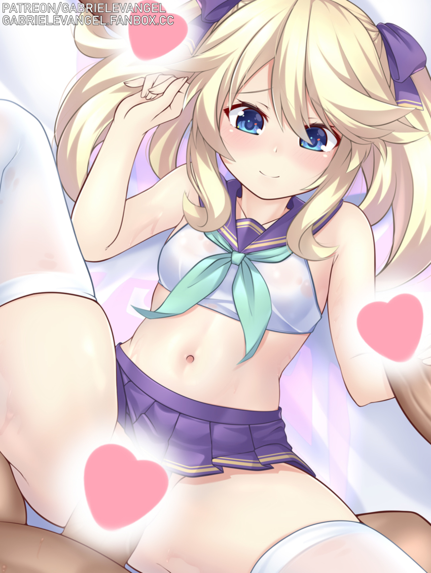 1girl 2boys alternate_costume ass_grab bare_shoulders blonde_hair blue_eyes blue_neckerchief blush bottomless breasts censored cowboy_shot crop_top energy_wings facing_viewer fairy_wings gabriel_evangel groin hair_between_eyes hair_ribbon hands_up heart heart_censor hetero highres histoire leg_up long_hair looking_at_viewer looking_down lying microskirt midriff missionary multiple_boys navel neckerchief neptune_(series) no_panties on_back on_bed penis purple_ribbon ribbon sailor_collar school_uniform serafuku sex shirt skindentation skirt sleeveless sleeveless_shirt small_breasts smile solo spread_legs thighhighs thighs twintails upskirt vaginal white_shirt white_thighhighs wings