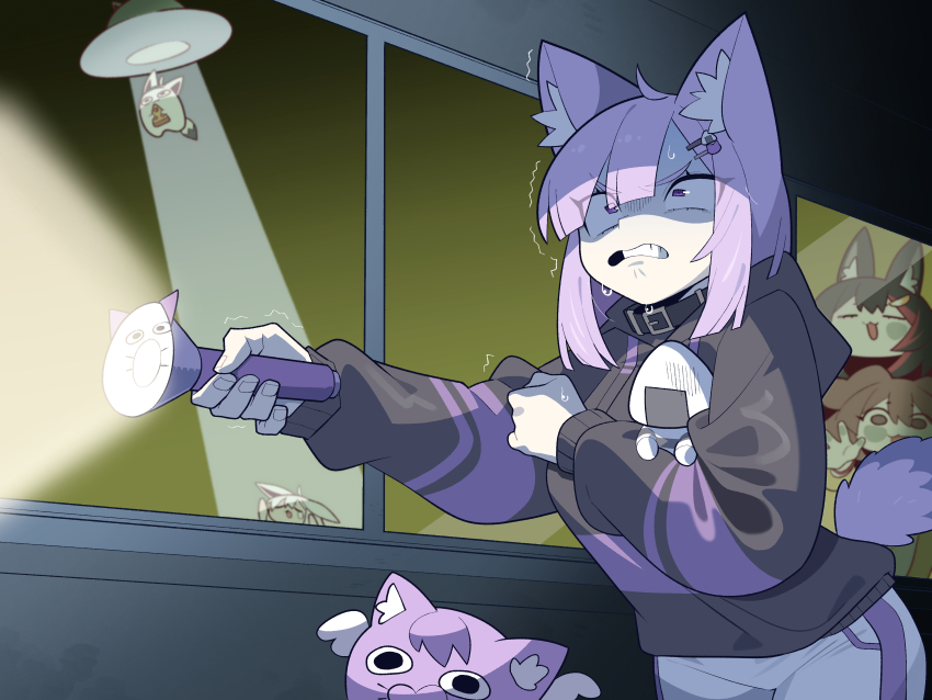 5girls absurdres animal_ear_fluff animal_ears black_hoodie cat_ears cat_girl cat_tail cocomayo29_(tomato) dog_girl flashlight fox_girl fubuzilla_(shirakami_fubuki) highres holding holding_flashlight hololive hood hood_down hoodie inugami_korone inugami_korone_(1st_costume) medium_hair multiple_girls nekomata_okayu nekomata_okayu_(1st_costume) onigirya_(nekomata_okayu) ookami_mio ookami_mio_(1st_costume) panties purple_hair scared shirakami_fubuki shirakami_fubuki_(1st_costume) solo_focus sweat tail ufo underwear virtual_youtuber white_panties wolf_girl