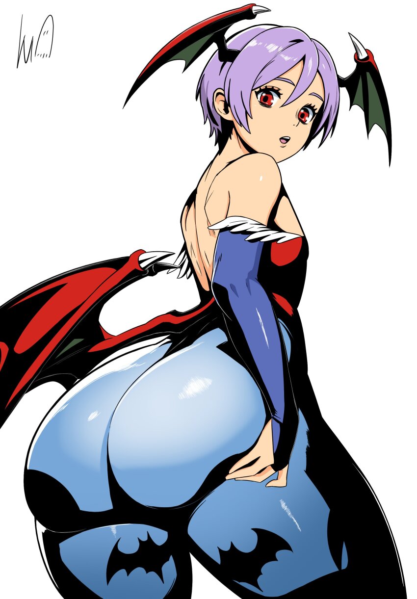 1girl absurdres animal_print ass ass_focus ass_support back bare_shoulders bat_print bat_wings blue_pantyhose bridal_gauntlets darkstalkers demon_girl diamond_cutout flat_chest from_behind gloves grabbing_own_ass hands_on_own_ass head_wings highres huge_ass leotard lilith_(darkstalkers) looking_at_viewer looking_back low_wings lughost off-shoulder_leotard pantyhose print_pantyhose purple_hair purple_pantyhose red_eyes red_leotard short_hair simple_background smile solo standing thighs white_background wings