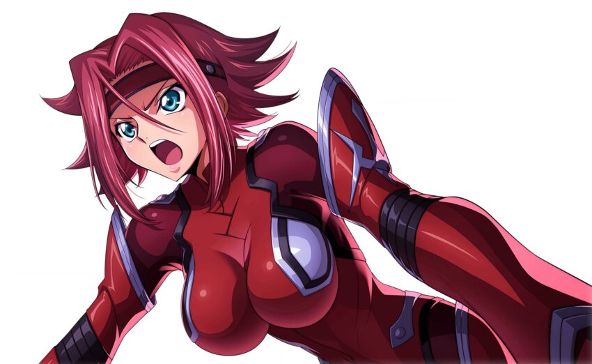 1girl blue_eyes breasts code_geass headband kouzuki_kallen large_breasts open_mouth red_hair solo source_request