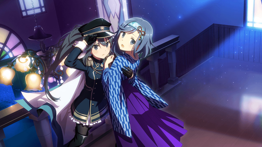 2girls aoto_hina black_coat black_footwear black_gloves black_hair black_hat black_pantyhose blue_eyes blue_hair blue_headband blue_kimono boots cape coat epaulettes frilled_skirt frills game_cg gloves hair_ornament hakama hakama_skirt half_gloves hand_on_another&#039;s_back hat headband holding hug indoors japanese_clothes kimono long_hair long_sleeves looking_at_viewer multiple_girls non-web_source official_art open_mouth pantyhose parted_lips peaked_cap ponytail purple_hakama skirt standing thigh_boots toji_no_miko toji_no_miko:_kizamishi_issen_no_tomoshibi v-shaped_eyebrows white_cape white_skirt yamashiro_yui