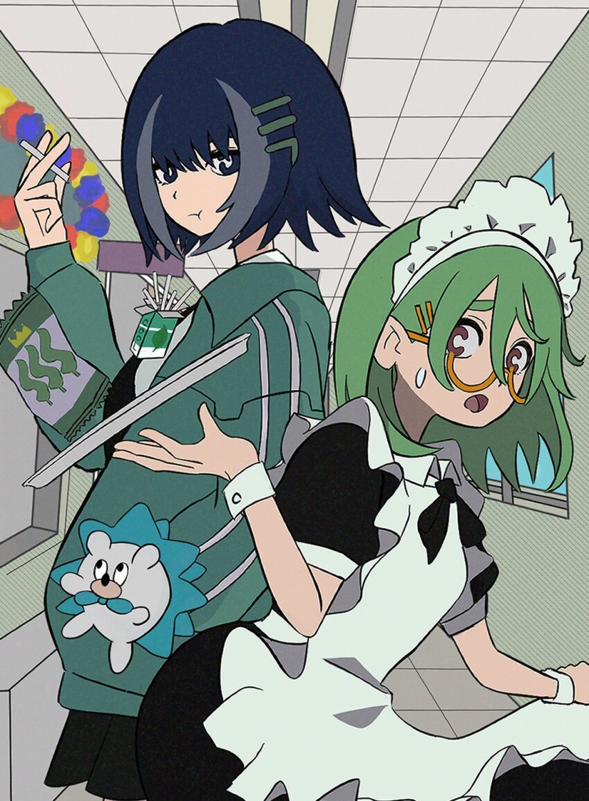 2023 2girls alternate_costume ascot black_ascot black_skirt blue_eyes blue_hair brown_eyes coat colored_inner_hair glasses green_coat green_eyes hair_ornament highres ida_(idalol490) maid maid_headdress multicolored_hair multiple_girls nira-chan official_alternate_costume open_mouth school_uniform short_hair skirt sweatdrop two-tone_hair yellow-framed_eyewear zutto_mayonaka_de_ii_no_ni