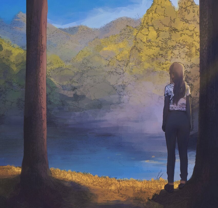 1girl black_hair black_pants chainsaw_man commentary english_commentary highres landscape long_hair mitaka_asa nature pants scenery shirt standing tagme tree wide_shot yao_liao_wang