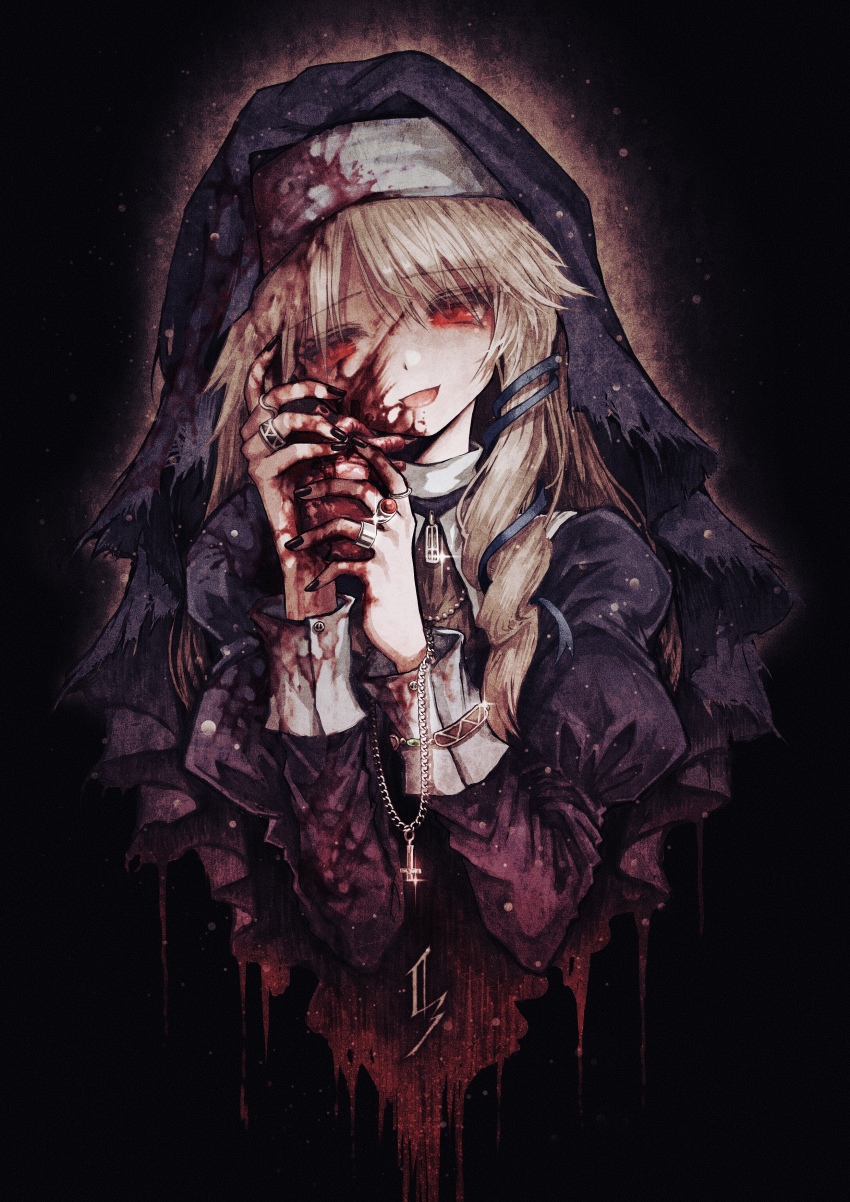 1girl absurdres black_dress black_veil blonde_hair blood blood_on_clothes blood_on_face blood_on_hands coif dress guimpe guro heart_(organ) highres holding_heart_(organ) juliet_sleeves long_hair long_sleeves looking_at_viewer nun open_mouth original puffy_sleeves red_eyes smile solo upper_body veil yu-ki_iwata