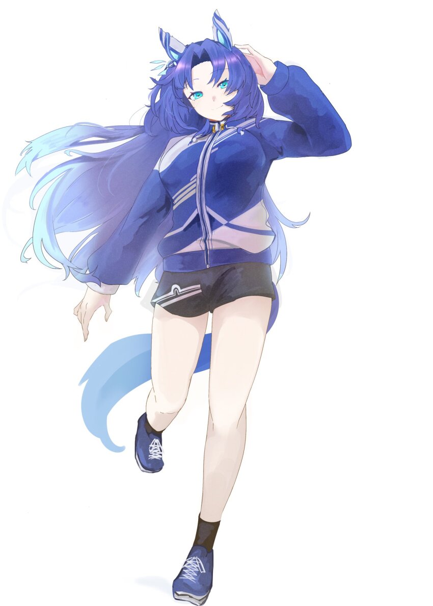 1girl animal_ears aqua_eyes black_shorts black_socks blue_footwear blue_hair blue_jacket ear_covers full_body godolphin_barb_(umamusume) gradient_hair highres horse_ears horse_girl jacket long_hair long_sleeves mengo_(captainmeteor6) multicolored_hair shoes shorts simple_background sneakers socks solo track_jacket umamusume white_background