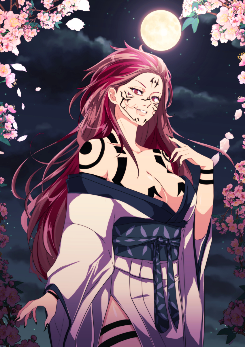 1girl absurdres arm_at_side bare_shoulders black_nails black_sash body_markings breasts cherry_blossoms cleavage collarbone commentary commission cowboy_shot english_commentary extra_eyes facial_mark falling_petals fingernails flower forehead forehead_mark full_moon fusion genderswap genderswap_(mtf) grin hair_behind_ear hair_pulled_back hand_up highres japanese_clothes jujutsu_kaisen kimono large_breasts long_fingernails long_hair long_sleeves looking_at_viewer minerva_(dreamytoybox) moon nail_polish night night_sky obi off_shoulder open_mouth original petals pink_flower pink_petals red_eyes red_hair ryoumen_sukuna_(jujutsu_kaisen) sash sharp_fingernails side_slit sky smile solo star_(sky) three_quarter_view togeko white_kimono wide_sleeves