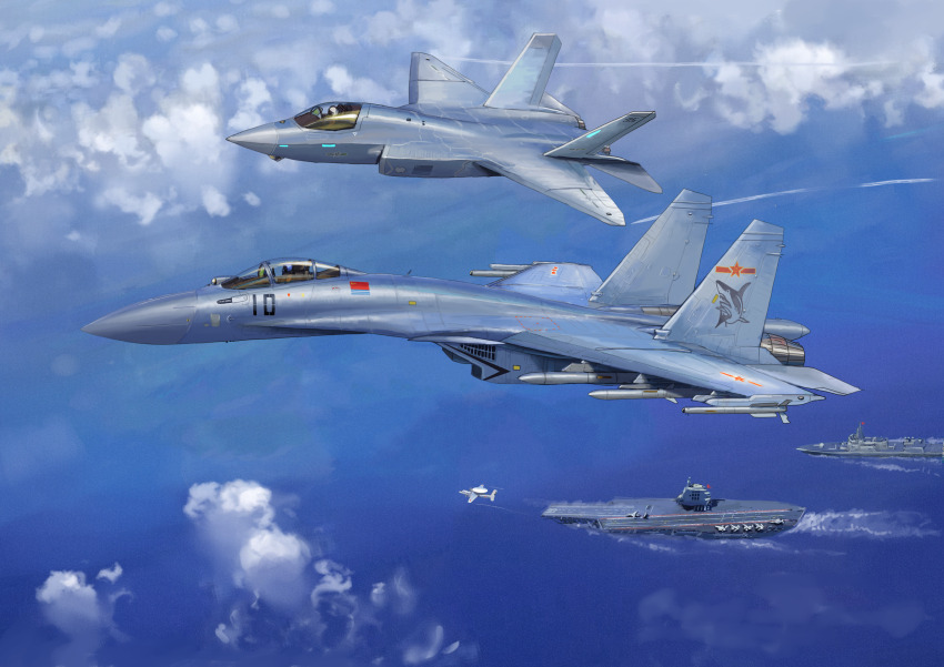 2others absurdres aircraft aircraft_carrier airplane awacs cloud contrail fighter_jet fujian_(aircraft_carrier) highres jet military_vehicle multiple_others ocean original people&#039;s_liberation_army people&#039;s_liberation_army_navy people&#039;s_liberation_army_navy_air_force pilot pl-10 pl-12 shaanxi_y-9 shenyang_j-31 shenyang_j-35 ship type_055_destroyer vehicle_focus warship watercraft yukikaze_supersylph