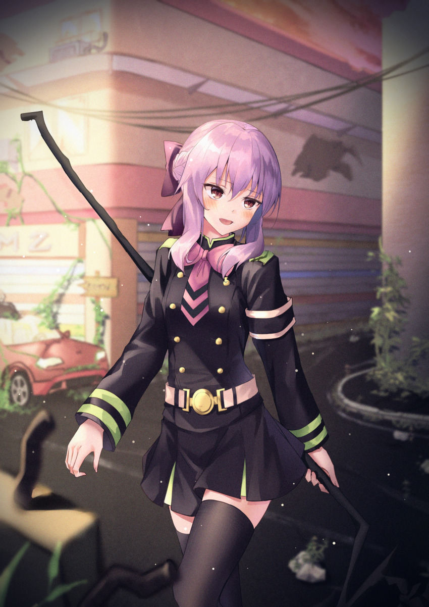 1girl belt black_jacket black_skirt black_thighhighs blurry blurry_background blush bow bowtie breasts brown_eyes building buttons car cowboy_shot day double-breasted green_trim hair_bow highres hiiragi_shinoa holding holding_scythe holding_weapon jacket long_sleeves looking_to_the_side medium_hair military_uniform mizu_(aple_getam) motor_vehicle necktie open_mouth outdoors overgrown owari_no_seraph pink_bow pink_bowtie pink_hair pink_necktie purple_hair road ruins scythe skirt small_breasts smile solo standing street thighhighs walking weapon zettai_ryouiki