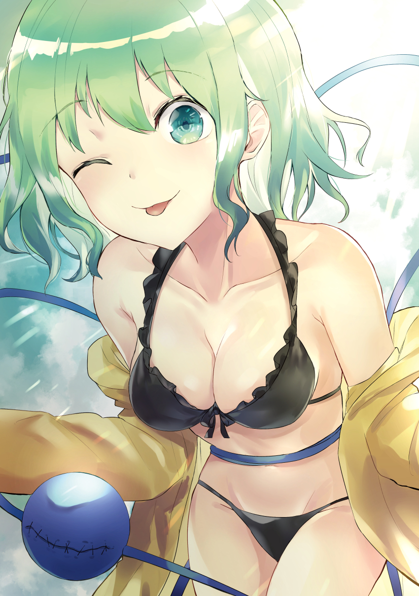 1girl ;p absurdres bikini black_bikini black_bra black_panties bra breasts cleavage clothes_pull cowboy_shot frilled_bikini frills front-tie_bikini_top front-tie_bra front-tie_top green_eyes green_hair highres jacket jacket_pull komeiji_koishi leaning_forward looking_at_viewer medium_breasts medium_hair navel no_pants off_shoulder one_eye_closed open_clothes open_jacket panties rice_(okome_no_naru_ki) solo swimsuit third_eye tongue tongue_out touhou underwear yellow_jacket