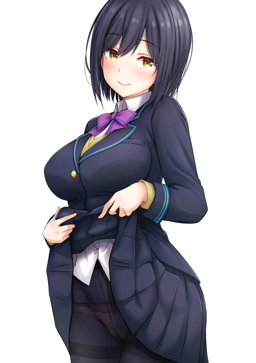 1girl absurdres bad_id bad_pixiv_id black_hair blazer bow breasts clothes_lift eyebrows highres jacket large_breasts mole mole_under_eye nijisanji panties pantyhose school_uniform shizuka_rin shizuka_rin_(1st_costume) short_hair skirt skirt_lift solo sonoji_(_sonoji) thighband_pantyhose underwear virtual_youtuber